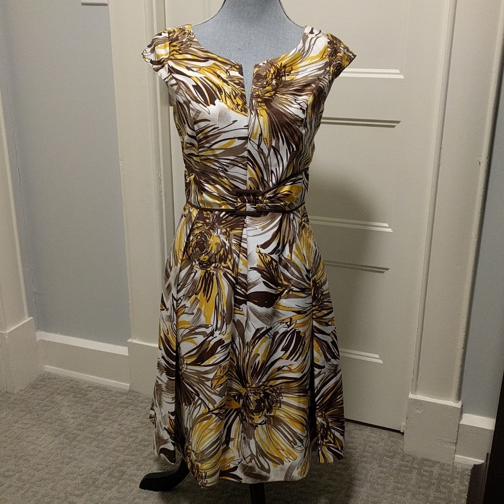Ellen Tracy cap sleeve belted print dress floral brown yellow size 2